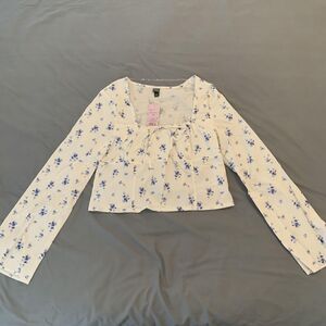 Wild Fable‎ Shirt Womens XL Off White Blue Floral Long Sleeve Square Neck New